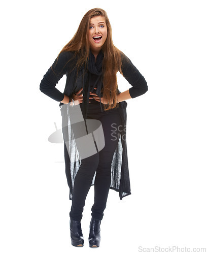 Image of Portrait, fashion and surprise of woman with hands on hips for giveaway, prize or sale on clothing in white background. Excited, wow and face of model in studio for deal, shocking news or promotion.