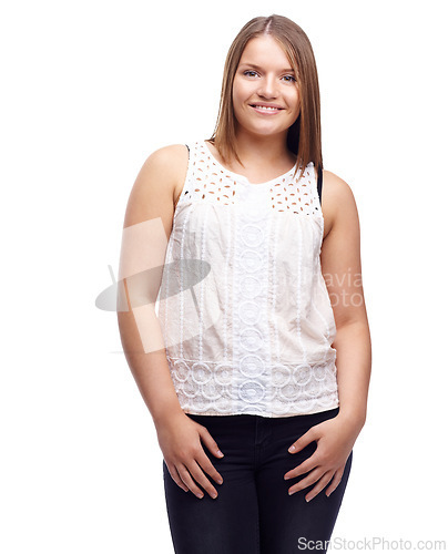 Image of Happy woman, portrait and confidence for clothes in studio, casual and aesthetic on white background. Female person, plus size and pride for gen z culture, university student and designer fashion