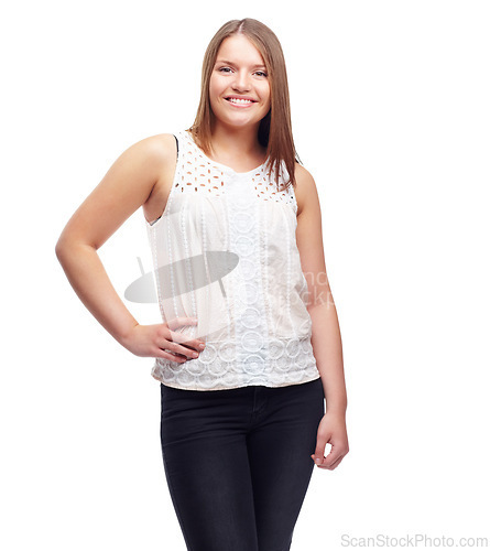 Image of Happy woman, portrait and confidence for clothing in studio, casual style and aesthetic on white background. Female person, mockup space and pride for gen z culture, student and designer fashion