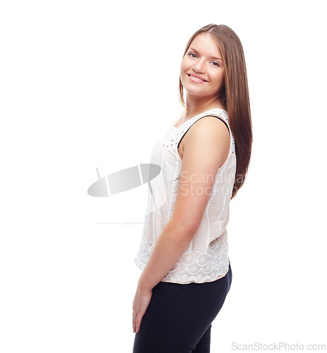 Image of Happy woman, portrait and pride for outfit in studio, casual style and confident on white background. Female person, smile and mockup space for gen z culture, university student and designer clothes