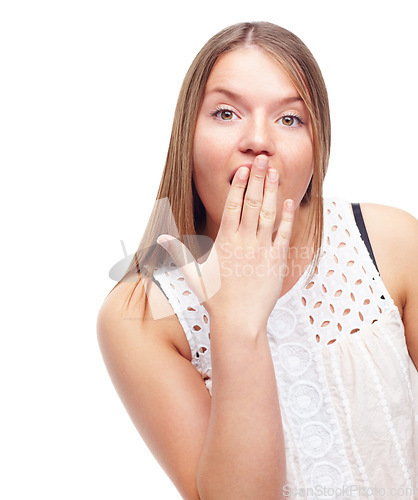 Image of Portrait, surprise or happy woman in studio for gossip, announcement or fashion discount. Giveaway, model or shocked female person with wow gesture, news or omg facial expression on white background