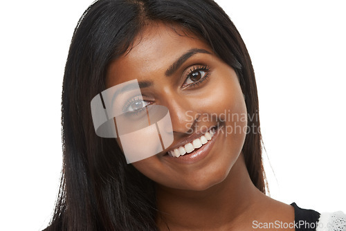 Image of Portrait, Indian woman and beauty in studio, smile and makeup on white background. Confidence, happy and cosmetology for female model, natural cosmetics and skin care with glow for lady from Mumbai