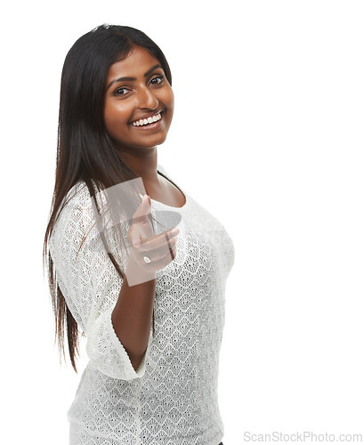 Image of Woman, happy and point at you in portrait for decision, recruitment or choice by white background. Indian person, hr manager and smile in studio for onboarding with fashion, hiring and call to action