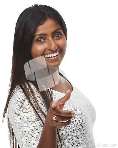 Image of Woman, studio and point at you with smile in portrait, recruitment or choice by white background. Indian person, hr manager and sign for decision for onboarding with fashion, hiring or call to action