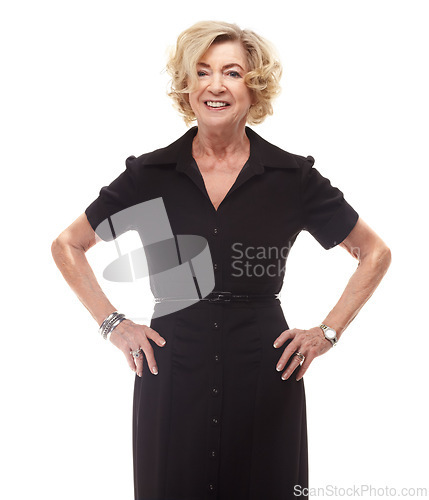 Image of Mature woman, portrait and confidence for outfit in studio, casual style and aesthetic on white background. Happy female person, senior and pride for fashion, old lady and face in designer clothes