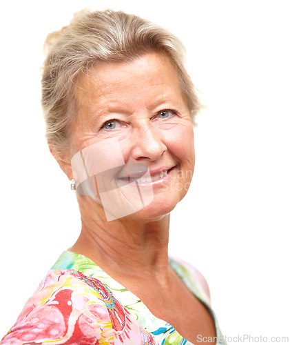 Image of Senior woman, smile and fashion in studio with color, confidence and tie dye pattern by white background. Mature person, model and happy in portrait with retro shirt, blouse and trendy with clothes