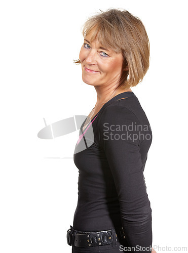 Image of Mature woman, portrait and fashion in studio, casual outfit and cool aesthetic on white background. Happy senior person, mockup space and pride or satisfaction, smile and lady in clothes for style