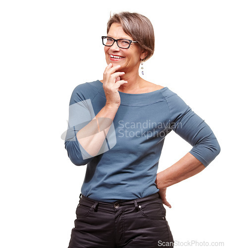 Image of Mature woman, portrait and idea in studio, smile and glasses for thinking on white background. Female person, happy and planning on mockup space, confident and owner pondering on small business