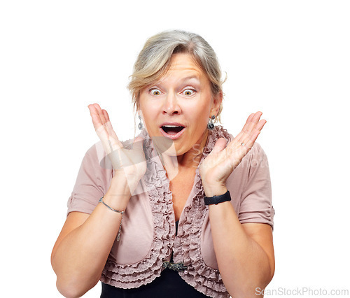 Image of Mature woman, shock and studio with hands, thinking and surprise for announcement by white background. Senior person, wow and confused for news, information and notification with drama in Germany