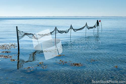 Image of Serene coastal seascape with fish net and buoy on a clear day