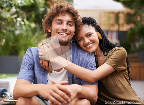 Image of Portrait, couple and interracial with smile, love and hug outdoors in garden, backyard and patio in Jamaica. Male person, girlfriend and diversity lovers with partnership, affection and bonding