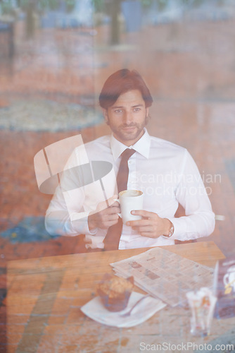 Image of Businessman, thinking and window at cafe, formal and suit for lawyer firm and idea for client and muffin. Professional lawyer person, newspaper and cappuccino for restaurant, bistro and break