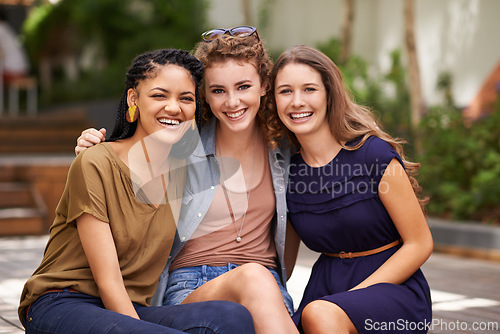 Image of Portrait, diversity and woman friends on holiday, travel and outside bonding. Smile, happiness and global vacation in tropical Brazil, international getaway and summer for group of female companion