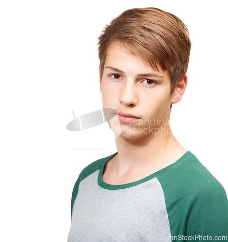 Image of Boy, portrait and serious in studio with casual outfit for school, teenager and innocent student. Person, isolated and white background with relaxed fashion for youth or preteen and middle adolescent