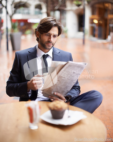 Image of Corporate, man and reading newspaper at cafe with coffee, muffin and outdoor for information and updates. Businessman, cup and restaurant to search for business, opportunity and economy trends