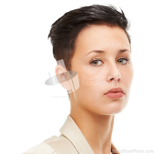 Image of Face, woman and confident in studio with skincare in white background for teen, wellness and natural glow. Portrait, female person and satisfied with cosmetics on results for healthy and self care