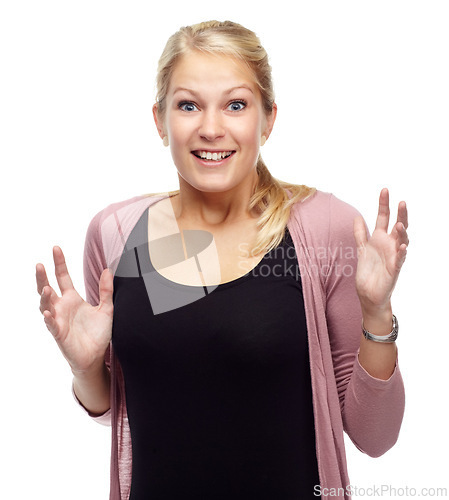 Image of Woman, portrait and excitement for surprise in studio for announcement or news, amazed and wow reaction. Female person, isolated and white background with shock, omg and mind blown with smile for joy