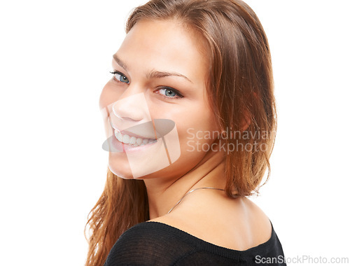 Image of Portrait, smile and female model in studio, student and happy on isolated white background. Confident, beauty or skincare of woman learner in university, college and cheerful expression over shoulder