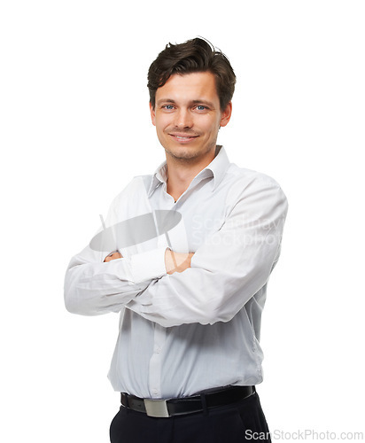 Image of Portrait, businessman and smile in studio with professional, formal and happy ready for office. Male person, joyful and confident with arms crossed, working and corporate look on white background