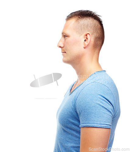 Image of Mockup space, face and profile of man in studio with confidence or stylish with pride. Model person, fashion and trendy in outfit isolated with casual, cool and style or clothes on white background