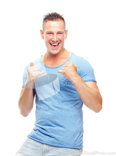 Image of Portrait, happy man and smile in studio confident, proud and excited on white background. Male person, facial expression and shaka gesture while standing casual, clothes and cheerful with happiness