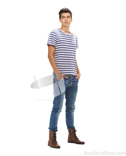 Image of Portrait, man and fashion with relaxed, casual and edgy clothes isolated in studio by white background. Confidence, face and young male model in trendy, cool and stylish outfit in mockup space.