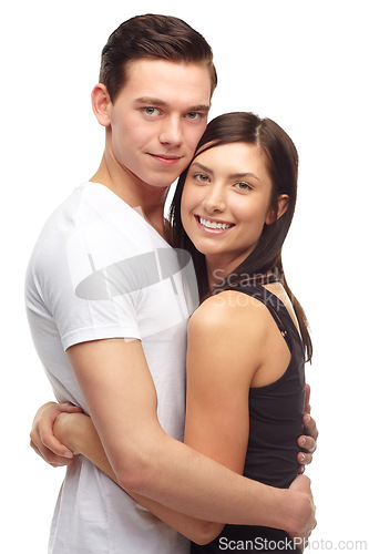 Image of Portrait, couple and hug in studio, love and affection on isolated white background. Smile, romantic relationship or husband and wife for honeymoon, bonding and happy together while embracing