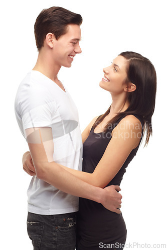 Image of Happy couple, hug and smile in studio, love and hugging isolated on white background. Husband, wife and married people embracing, holding and romance with spouse in sweet and caring moment together