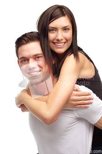 Image of Portrait, couple and happy in studio with piggyback, love and romance in relationship. Partners, man and woman with smile or happiness, marriage and commitment or support on white background