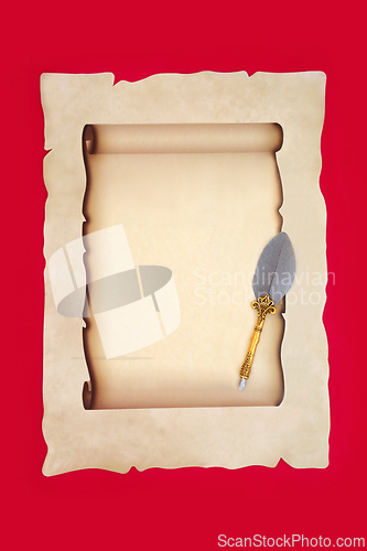 Image of Parchment Paper Scroll with Decorative Brass Feather Quill Pen 