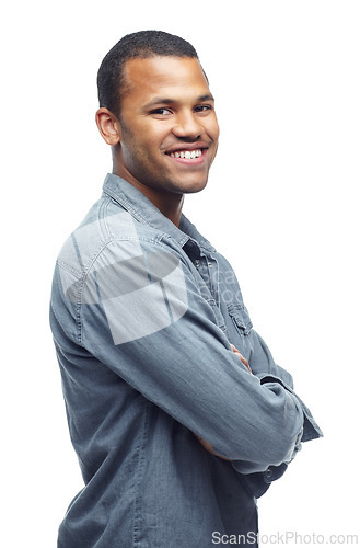 Image of Portrait, white background and African man with denim shirt as outfit, smile and happiness for clothes. Male person, joy and trendy for aesthetic of fashion, casual and cool as model in studio