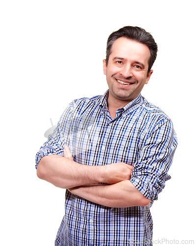 Image of Man, portrait and shirt in studio with arms folded for confidence, fashion and style with pride. Male person, face and relax with happiness for trendy, clothing and smile on white background