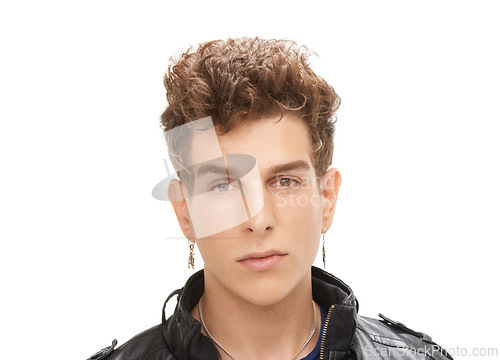 Image of Handsome man, portrait and fashion with hairstyle, ear rings or accessories on a white studio background. Closeup of attractive male person, punk or young dude with stylish hair or jewelry on mockup