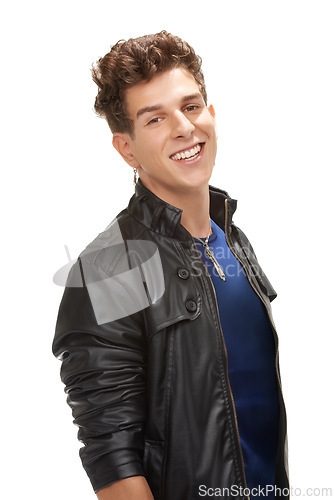 Image of Happy man, portrait and fashion with leather jacket or cool clothing on a white studio background. Attractive male person, young punk or handsome dude with smile for casual outfit, jewelry or style