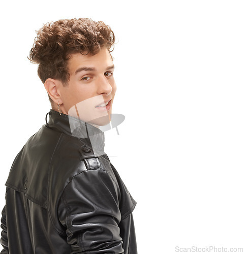 Image of Portrait, studio and smile of man with leather for jacket in white background, confident and stylish. Male person, face and happy with vintage aesthetic for fashion, guy and model with edgy clothes