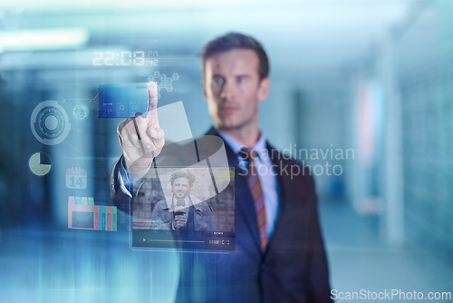 Image of Businessman, news and hologram with display of digital interface with reporter. Male person, online and check update on global information with future or advanced technology and high tech for data