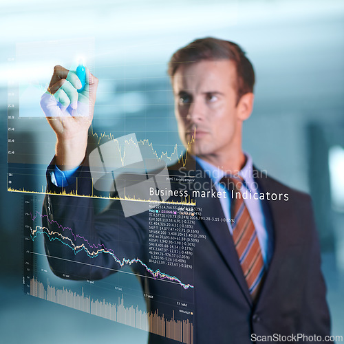 Image of Dashboard, graph and businessman digital on finance with technology for future of data analyst. Male person, serious and working in company for corporate as employee or staff for solving of database