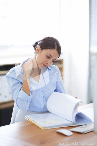 Image of Document, stress and businesswoman in office, neck pain and paperwork or planning report and project. Female, financial advisor and files while reading, distress and concerned for work deadline