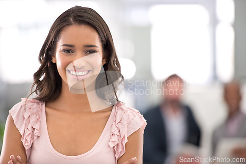 Image of Business woman, intern and portrait of happy employee, working and hands crossed at new job. Smile, happiness and young recruit at advertising agency, worker and graduate in first work experience