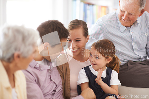 Image of Parents, grandparents and child with smile on sofa for healthy development, security or comfort in apartment. Family, men and woman with girl kid, happiness or bonding for parenting and love in house