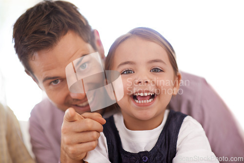 Image of Father, daughter and portrait pointing, smile and bonding together at house. Family, growth and development of young girl, dad and single parent sharing cute moment, excitement and gesturing forward