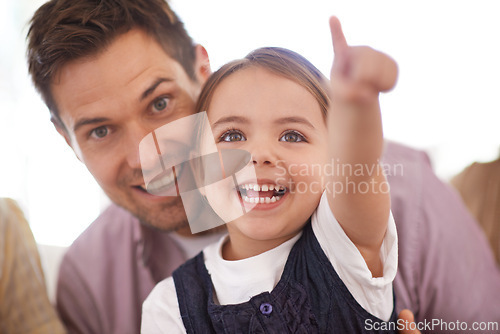 Image of Happy, father and daughter excited at family home, smile and cheerful on sofa. Bonding time, dad and child with face expression young girl, motor skills growth and development in house