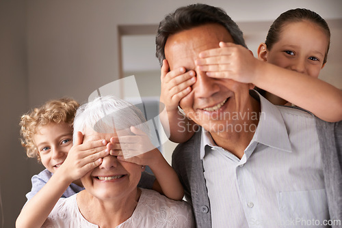 Image of Portrait, grandparents or grandchildren for piggyback, laugh and multi generation family hangout. Senior citizens, boy and girl with smile, hug and play for happy, bonding and together at home