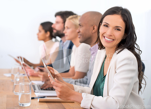 Image of Diversity, group and portrait of a woman at meeting, workplace and teamwork. Smile, colleagues and business people for workshop in a row and professional at modern office as corporate and finance