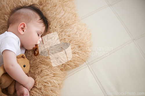 Image of Baby, sleep and cuddle with teddybear on couch at home, rest and relax with dummy and dream. High angle, toddler, and nap in sofa for child development, growth and innocent with peace for bedtime.