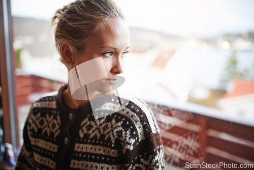 Image of Woman, window and vision for thinking, planning and ideas for future inside on winter morning. Thoughtful, female person and looking for contemplation of dream, questions and solutions to problems