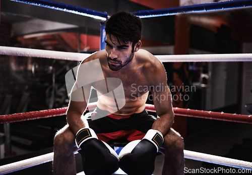 Image of MMA, boxer and man sitting in ring ready for challenge, competitive and confident from training in gym. Male person, healthy and fitness from practice in exercise studio as athlete and fighter