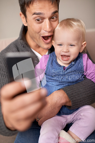 Image of Happy family, dad and baby with selfie in house, love and care of new parent in living room. Father, daughter and smile with relax for profile picture, cute and bonding together on sofa in home