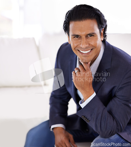 Image of Portrait, smile and business man thinking in home for job or career of employee in Brazil. Face, happy professional and confident entrepreneur, realtor and real estate agent in suit working in house