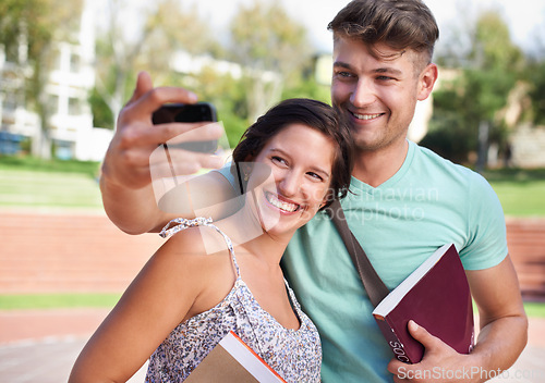 Image of University, friends and students for selfie on campus for learning, studying together and knowledge. Education, school and happy man and woman take picture for social media, online post and memory